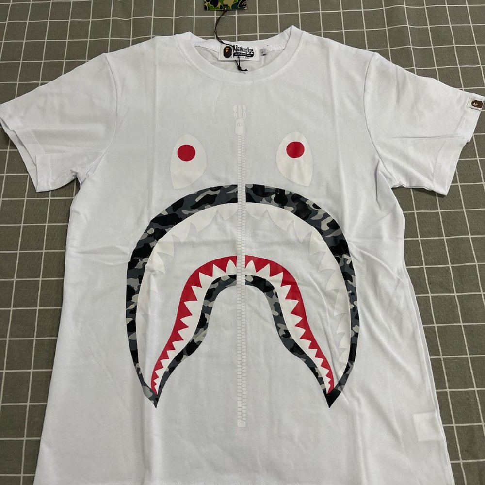 A Bathing Ape  Multi-Camo Shark Print White T-shirt